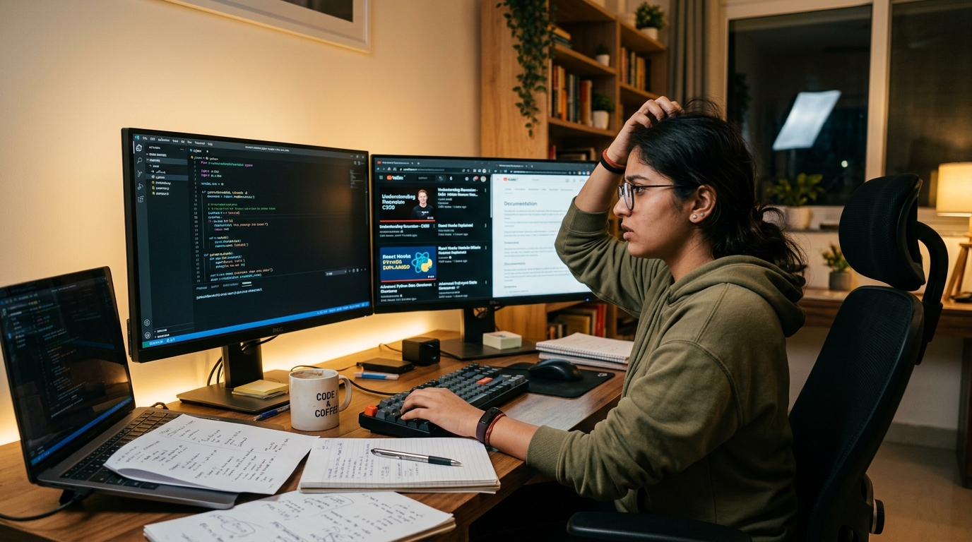 Developer trapped in passive video playlists with blank IDE